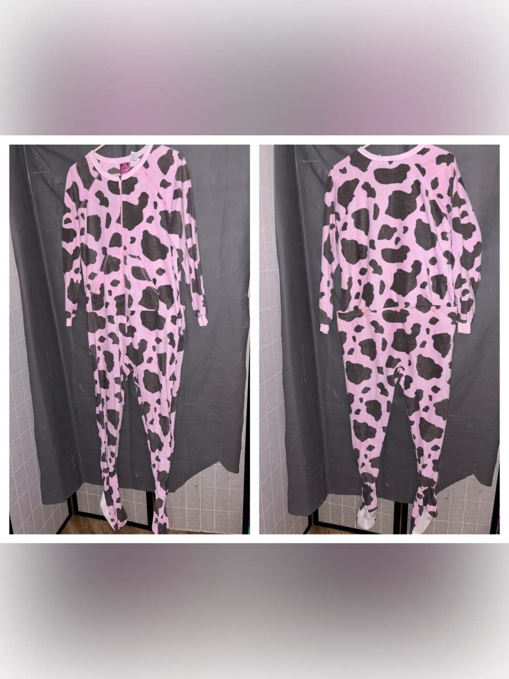 Adult Large Pink gray cow Animal Print Pajama onesie jumpsuit